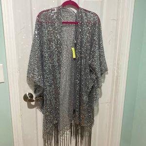Silver sequin kimono with fringe
